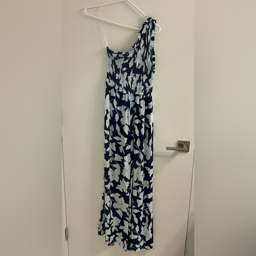 Japna Floral Wide Leg One shoulder smocked Jumpsuit. - Picture 5 of 13